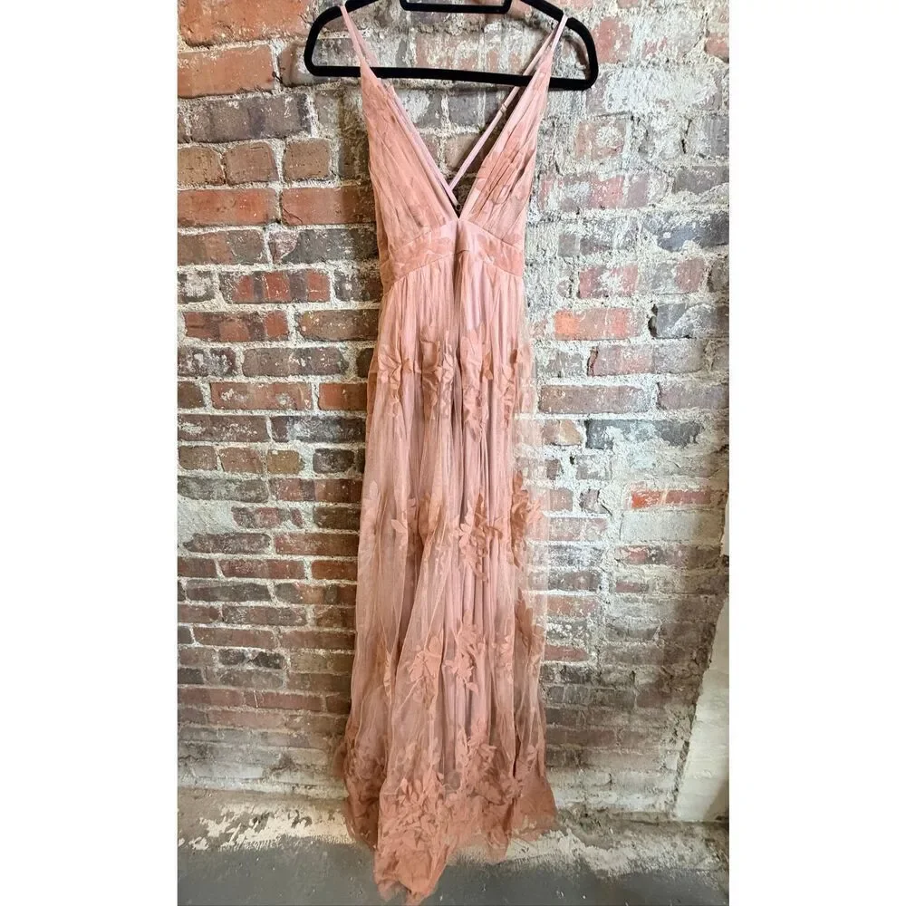 LUXXEL •  Blush Pink Velvet Floral and Tulle Deep V Plunge Back Spaghetti Cross